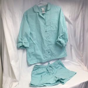 Cotton jammies turquoise white stripe shorts and button front long sleeve cute